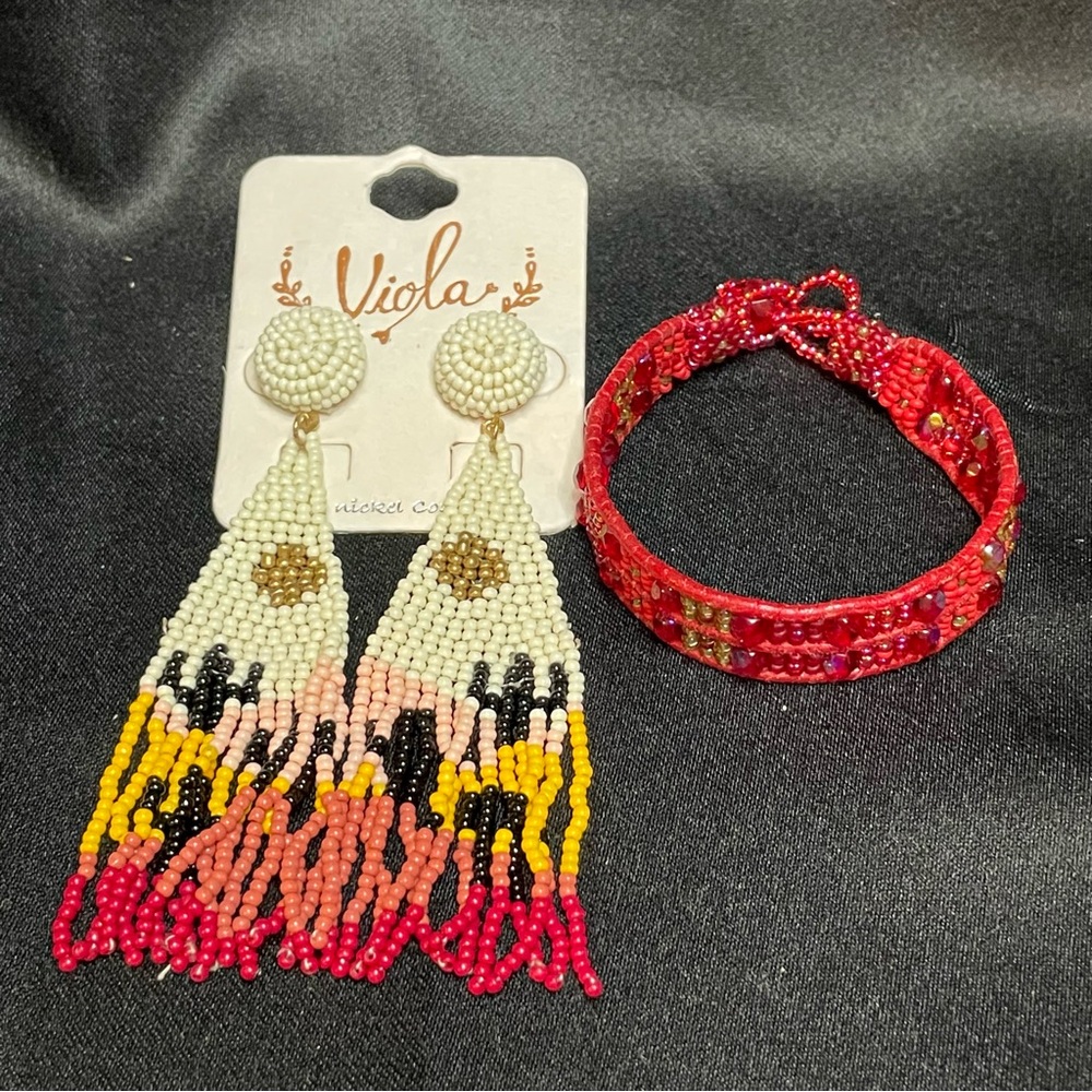Beaded Multicolor Dangle Earrings and Bracelet Set, NWT & Like New